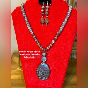 2Pc Handcrafted Labradorite, Goldstone, Picture Jasper Necklace & Earrings set.